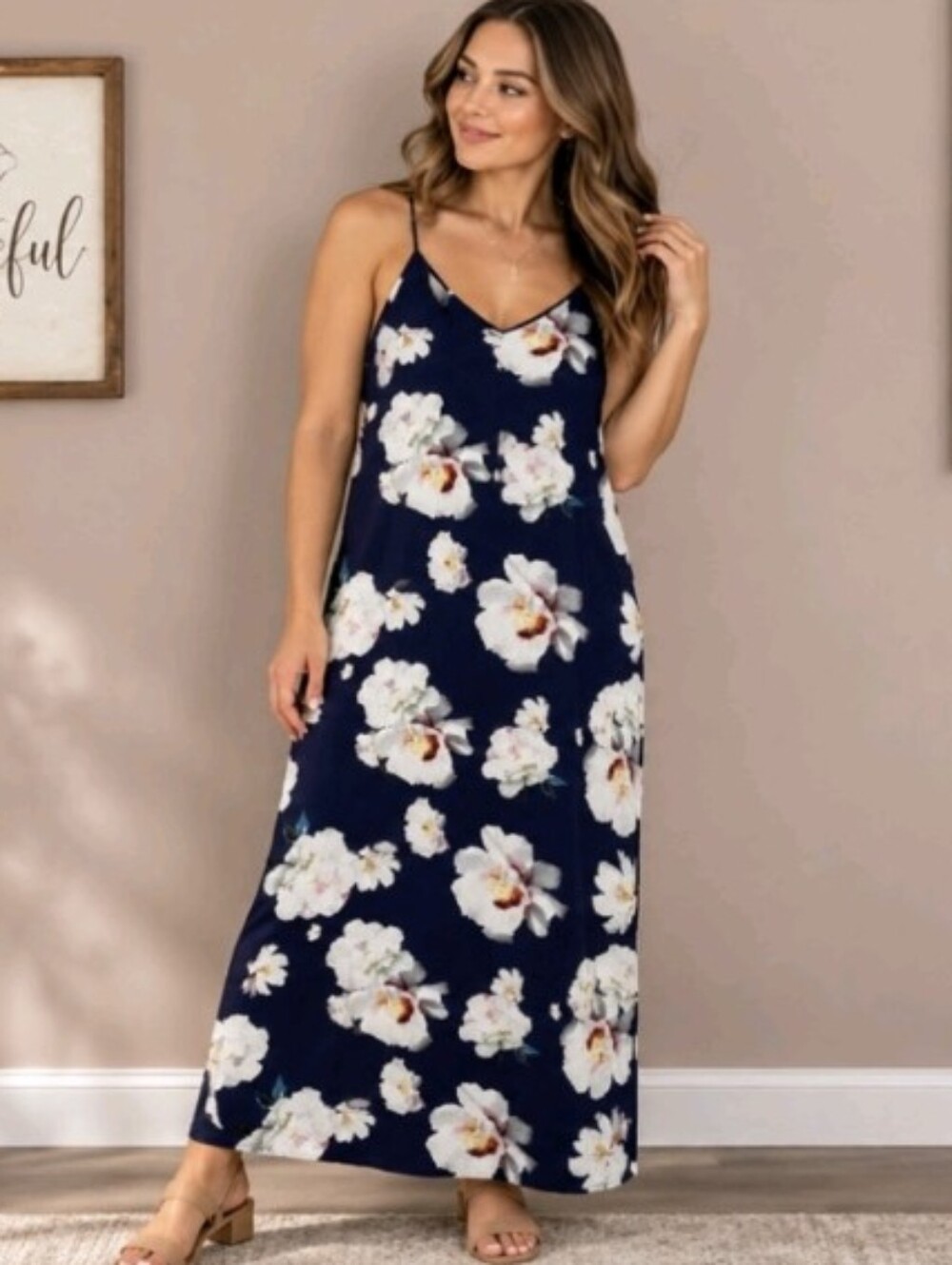 Navy Floral Slip Maxi Skirt with White Blooms